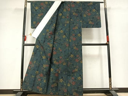 平和屋着物▽上質な紬 単衣 唐草花文 正絹 逸品 AABD0080fy