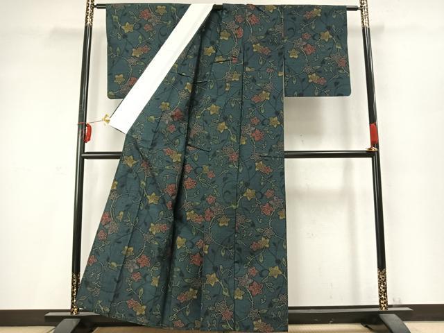 平和屋着物▽上質な紬 単衣 唐草花文 正絹 逸品 AABD0080fy