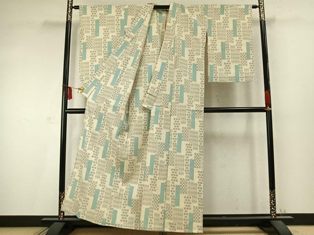 平和屋着物▽本塩沢 単衣 幾何学文様 正絹 逸品 未使用 AABD0085fy
