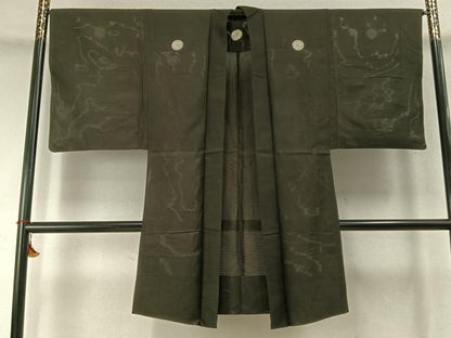平和屋着物▽男性 黒紋付 長羽織 スリーシーズン 春夏秋 千歳茶色 正絹 逸品 AABD0087fy
