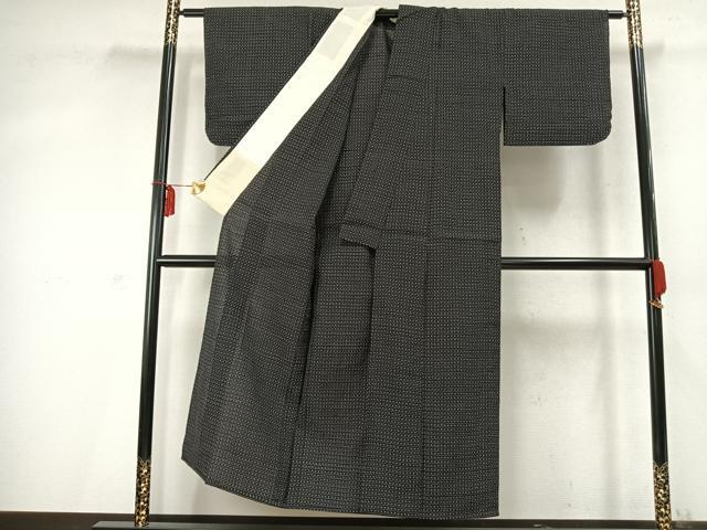 平和屋着物▽お召 単衣 格子 正絹 逸品 AABD0089fy