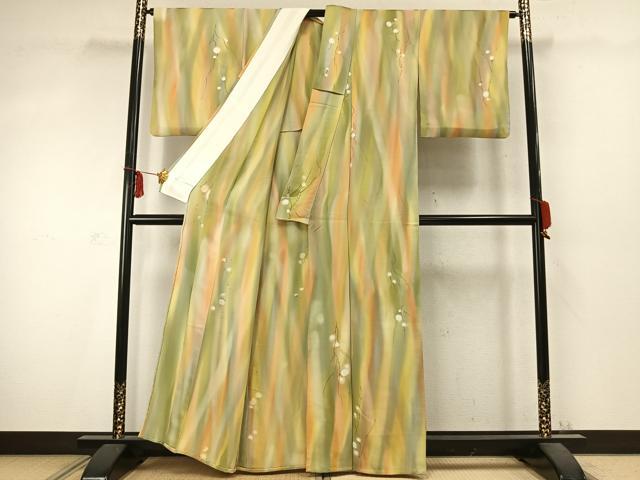 平和屋着物▽上質な小紋 単衣 手描き 枝花文 暈し染め 正絹 逸品 AABD0096fy