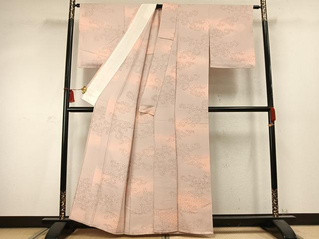 平和屋着物▽上質な小紋　単衣　唐草花文　地紋起こし　正絹　逸品　AABD0100fy