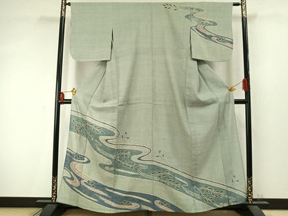 平和屋着物▽訪問着 単衣 生紬地 流水舞葉文 大丸扱い 正絹 逸品 AABD0102fy