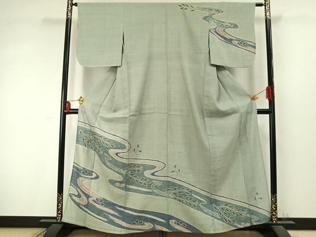 平和屋着物▽訪問着 単衣 生紬地 流水舞葉文 大丸扱い 正絹 逸品 AABD0102fy