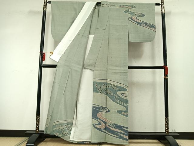 平和屋着物▽訪問着 単衣 生紬地 流水舞葉文 大丸扱い 正絹 逸品 AABD0102fy