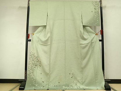 平和屋着物▽訪問着 単衣 花織 紬地 舞桜文 暈し染め 銀彩 ロング丈 正絹 逸品 AABD0107fy