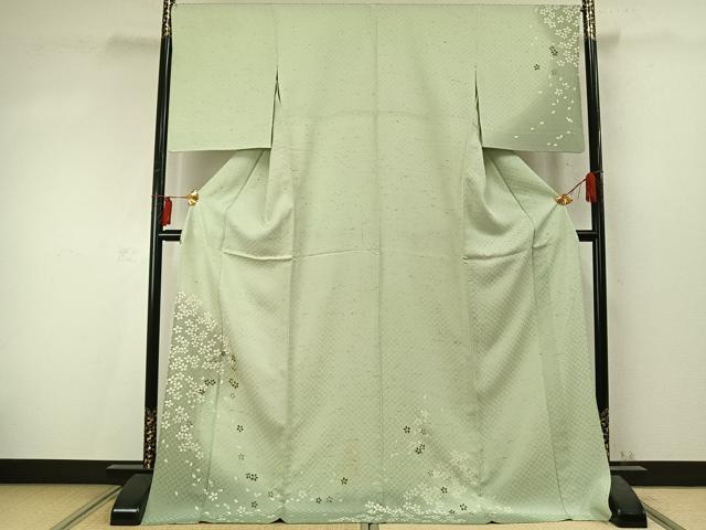 平和屋着物▽訪問着 単衣 花織 紬地 舞桜文 暈し染め 銀彩 ロング丈 正絹 逸品 AABD0107fy