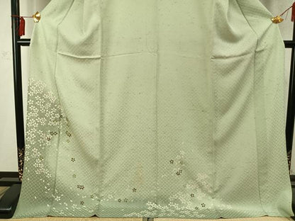 平和屋着物▽訪問着 単衣 花織 紬地 舞桜文 暈し染め 銀彩 ロング丈 正絹 逸品 AABD0107fy