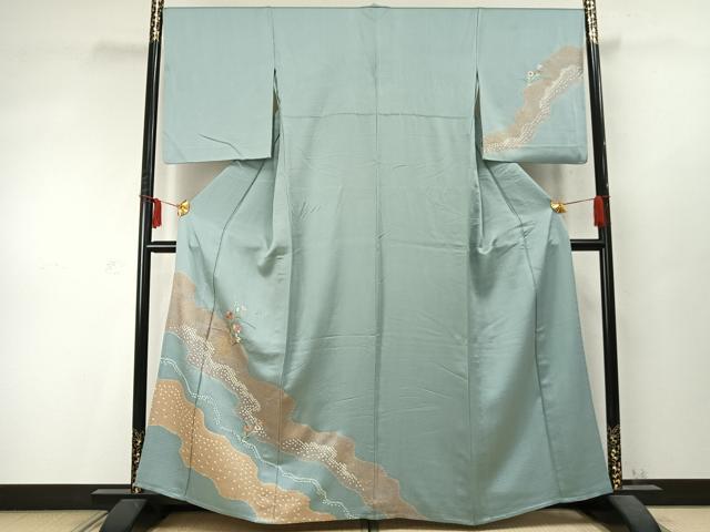 平和屋着物▽訪問着 単衣 絞り 刺繍 草花文 金糸 金彩 正絹 逸品 AABD0116fy