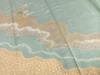 平和屋着物▽訪問着 単衣 絞り 刺繍 草花文 金糸 金彩 正絹 逸品 AABD0116fy
