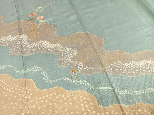平和屋着物▽訪問着 単衣 絞り 刺繍 草花文 金糸 金彩 正絹 逸品 AABD0116fy