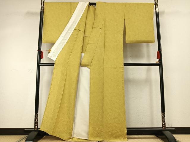 平和屋着物▽上質な色無地 単衣 花尽くし地紋 黄支子色 正絹 逸品 AABD0120fy