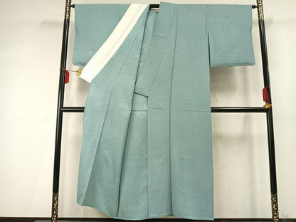 平和屋着物▽上質な色無地　単衣　七宝花地紋　秘色色　正絹　逸品　未使用　AABD0121fy
