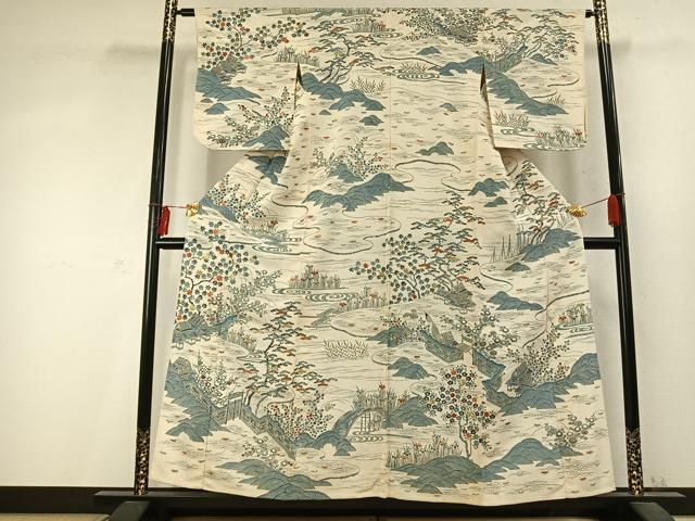 平和屋着物▽訪問着 単衣 刺繍 風景花文 金糸 正絹 逸品 AABD0125fy