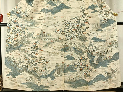 平和屋着物▽訪問着 単衣 刺繍 風景花文 金糸 正絹 逸品 AABD0125fy