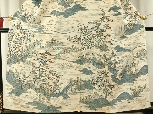 平和屋着物▽訪問着 単衣 刺繍 風景花文 金糸 正絹 逸品 AABD0125fy