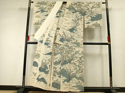 平和屋着物▽訪問着 単衣 刺繍 風景花文 金糸 正絹 逸品 AABD0125fy