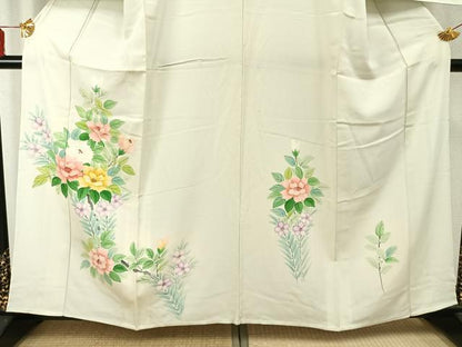 平和屋着物▽訪問着　単衣　手描き　草花文　正絹　逸品　AABD0132fy