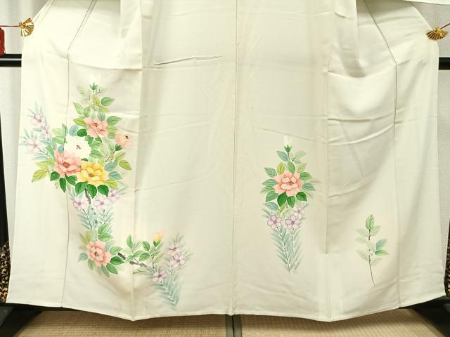 平和屋着物▽訪問着　単衣　手描き　草花文　正絹　逸品　AABD0132fy