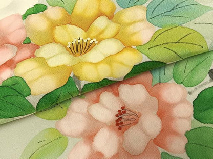平和屋着物▽訪問着　単衣　手描き　草花文　正絹　逸品　AABD0132fy