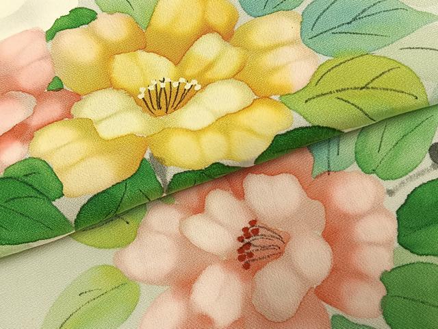 平和屋着物▽訪問着　単衣　手描き　草花文　正絹　逸品　AABD0132fy