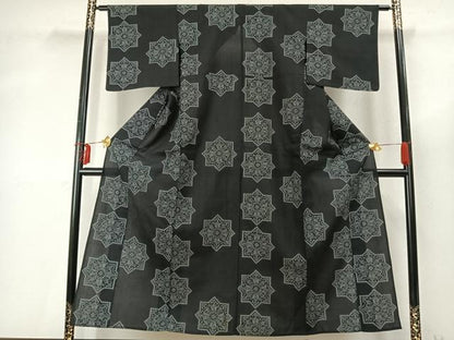 平和屋着物▽小紋 単衣 吉祥花文 黒地 洗える着物 AABD0133fy