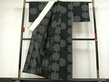 平和屋着物▽小紋 単衣 吉祥花文 黒地 洗える着物 AABD0133fy