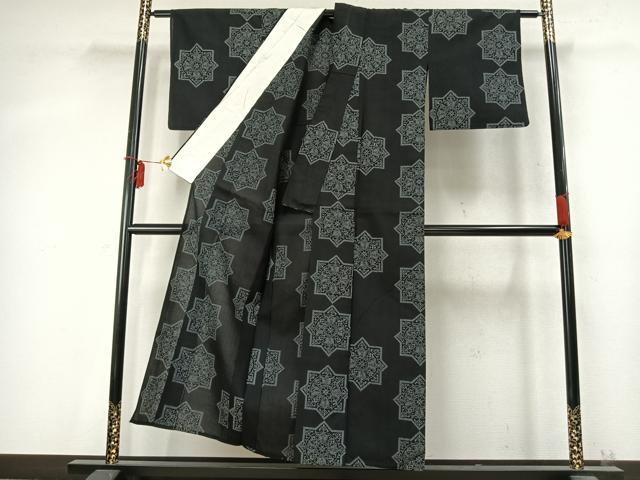平和屋着物▽小紋 単衣 吉祥花文 黒地 洗える着物 AABD0133fy