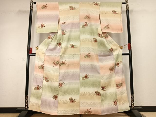 平和屋着物▽上質な小紋 単衣 扇面花文 金彩 正絹 逸品 未使用 AABD0151fy