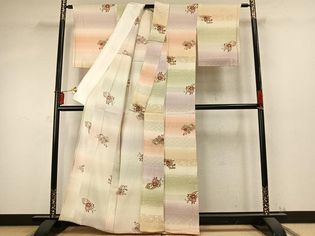 平和屋着物▽上質な小紋 単衣 扇面花文 金彩 正絹 逸品 未使用 AABD0151fy