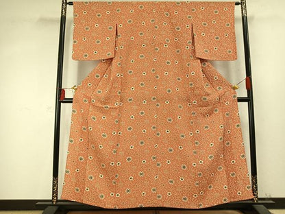 平和屋着物▽上質な小紋 単衣 型染め 花唐草文 鬼しぼ縮緬 正絹 逸品 未使用 AABD0155fy