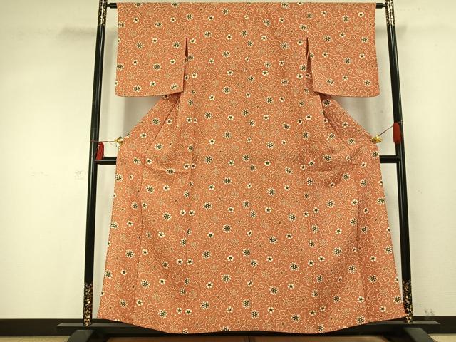 平和屋着物▽上質な小紋 単衣 型染め 花唐草文 鬼しぼ縮緬 正絹 逸品 未使用 AABD0155fy