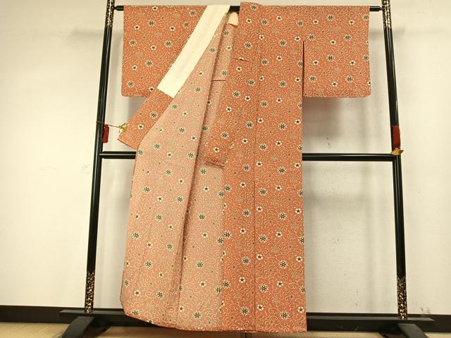 平和屋着物▽上質な小紋 単衣 型染め 花唐草文 鬼しぼ縮緬 正絹 逸品 未使用 AABD0155fy