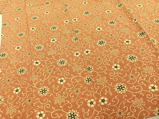 平和屋着物▽上質な小紋 単衣 型染め 花唐草文 鬼しぼ縮緬 正絹 逸品 未使用 AABD0155fy