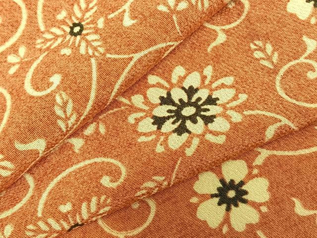 平和屋着物▽上質な小紋 単衣 型染め 花唐草文 鬼しぼ縮緬 正絹 逸品 未使用 AABD0155fy