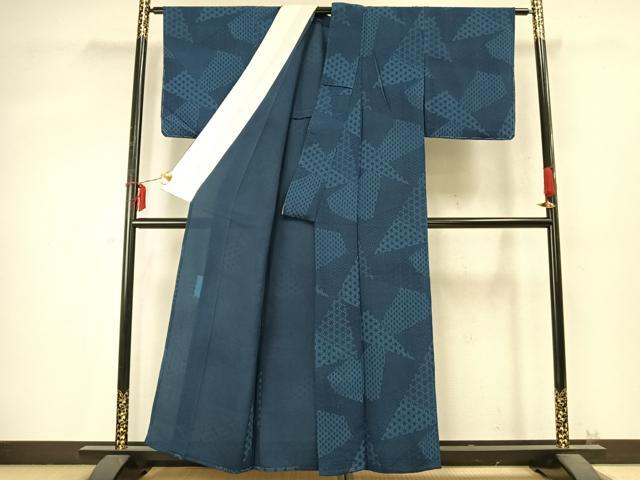 平和屋着物▽阿波藍染 阿波友禅 徳島県無形文化財保持者 香川卓美 小紋 単衣 切嵌麻の葉文様 鬼しぼ縮緬 正絹 逸品 AABD0157fy