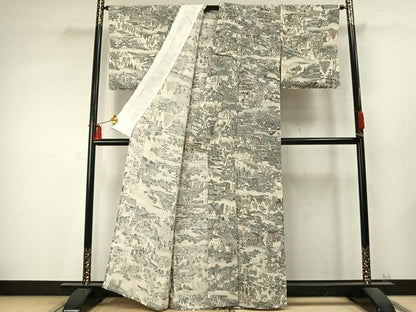 平和屋着物▽手染屋 吉兵衛 小紋 単衣 日本の名画 祭礼絵図名作集 風景人物文 浜ちりめん 鬼しぼ縮緬 反端付き 逸品 未使用 AABD0158fy