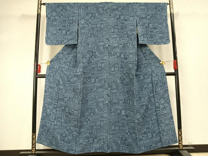 平和屋着物▽上質な小紋　単衣　作家物　藍　型染め　風景文　正絹　逸品　AABD0159fy