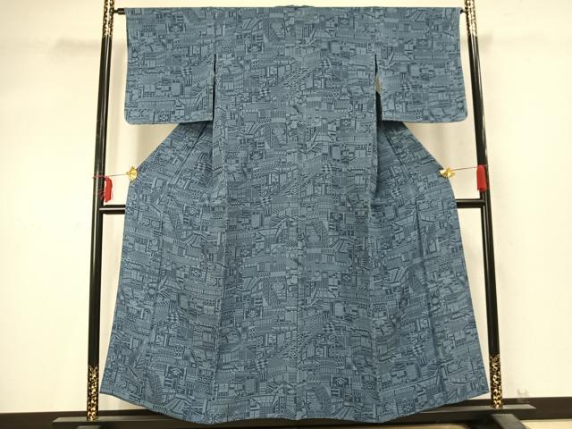 平和屋着物▽上質な小紋　単衣　作家物　藍　型染め　風景文　正絹　逸品　AABD0159fy