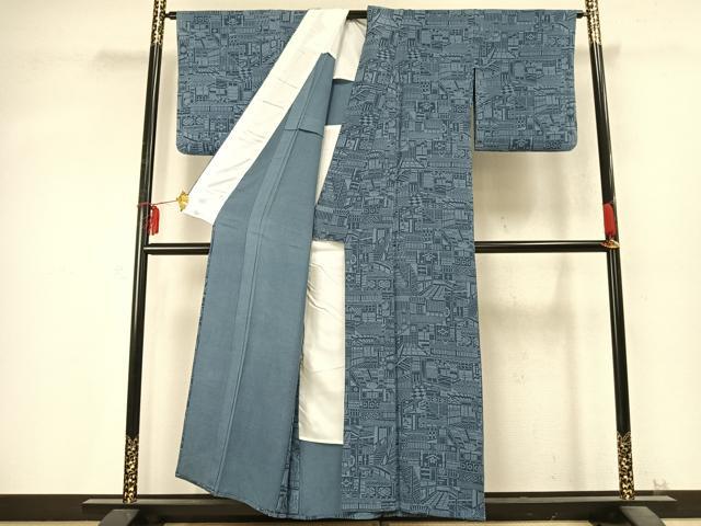 平和屋着物▽上質な小紋　単衣　作家物　藍　型染め　風景文　正絹　逸品　AABD0159fy