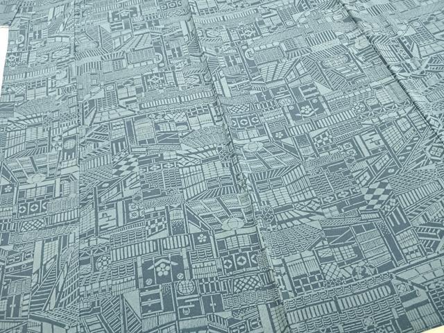 平和屋着物▽上質な小紋　単衣　作家物　藍　型染め　風景文　正絹　逸品　AABD0159fy