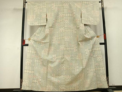平和屋着物▽上質な紬 単衣 幾何学文様 正絹 逸品 AABD0166fy