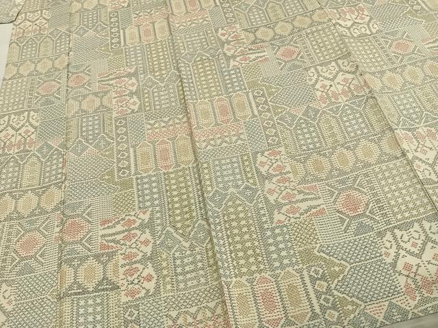 平和屋着物▽上質な紬 単衣 幾何学文様 正絹 逸品 AABD0166fy