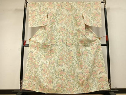 平和屋着物▽上質な紬 単衣 草花文 正絹 逸品 AABD0167fy