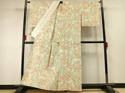 平和屋着物▽上質な紬 単衣 草花文 正絹 逸品 AABD0167fy