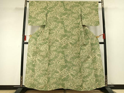 平和屋着物▽上質な小紋 単衣 型染め 草花文 鬼しぼ縮緬 正絹 逸品 AABD0170fy
