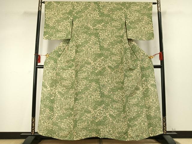 平和屋着物▽上質な小紋 単衣 型染め 草花文 鬼しぼ縮緬 正絹 逸品 AABD0170fy