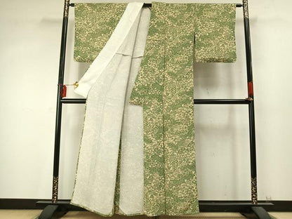 平和屋着物▽上質な小紋 単衣 型染め 草花文 鬼しぼ縮緬 正絹 逸品 AABD0170fy