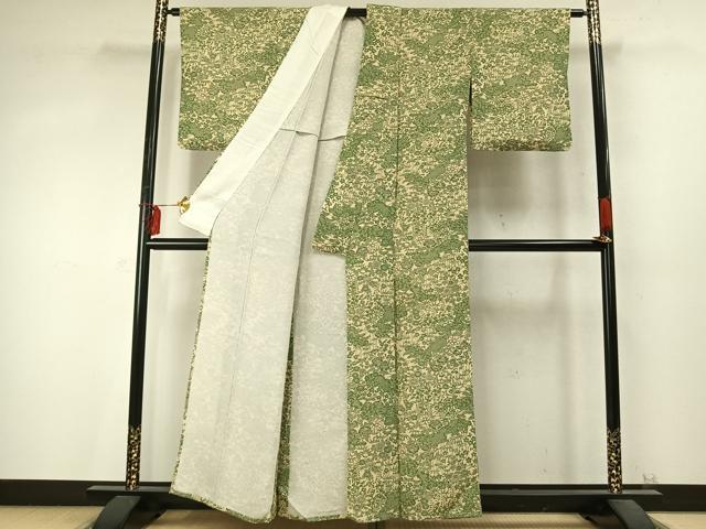 平和屋着物▽上質な小紋 単衣 型染め 草花文 鬼しぼ縮緬 正絹 逸品 AABD0170fy